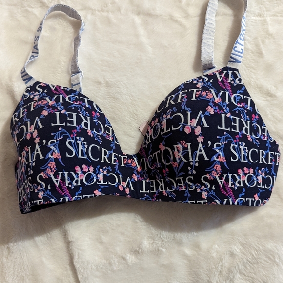Victoria's Secret Blue with Pink Logo Print Unlined No Wire 34D Bra - Picture 1 of 2